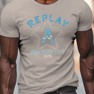 REPLAY NEW YORK CITY 1975 Graphic Men's Round Crew Neck Short Sleeve T-Shirt - Lightweight Summer Casual Tee with Geometric Print, Machine Washable, Regular Fit, Casual Outings Apparel | Citythemed Shirt | Durable Casualwear