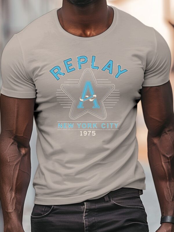 REPLAY NEW YORK CITY 1975 Graphic Men's Round Crew Neck Short Sleeve T-Shirt - Lightweight Summer Casual Tee with Geometric Print, Machine Washable, Regular Fit, Casual Outings Apparel | Citythemed Shirt | Durable Casualwear