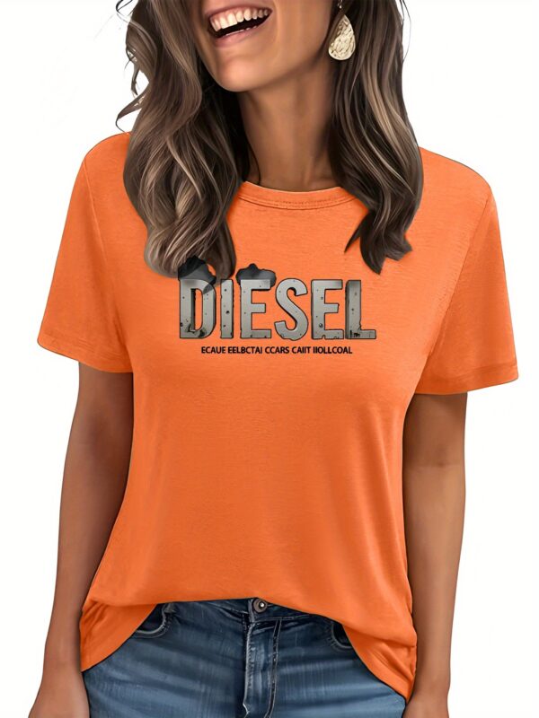 Women'S Elegant Crew Neck Polyester T-Shirt - Bright Yellow with Blue Diesel Graphic, Short Sleeve, Spring/Summer Casual Top for Diesel Enthusiasts, Casual Summer Top | Slogan Graphic Tee | Glossy Textur - Image 2