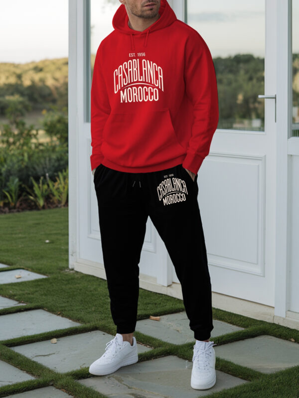 Men'S Casablanca Morocco Hooded Sweatshirt Suit - Trendy Autumn & Winter Printed Casual Sports Top with Drawstring Pants, White & Black Design, Polyester Blend, Perfect for Casual Attire, Casual Sports Attire|Casual Hooded Top|Comfortable Fit, Sweatshir - Image 7