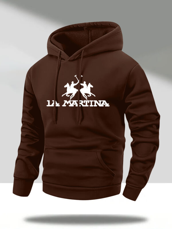 Men's Casual Hooded Sweatshirt - Rich Red Horseback Rider & L'MARTINA Graphic Print, Long Sleeve Pullover with Front Pocket, Machine Washable Autumn Winter Fashion - Image 2