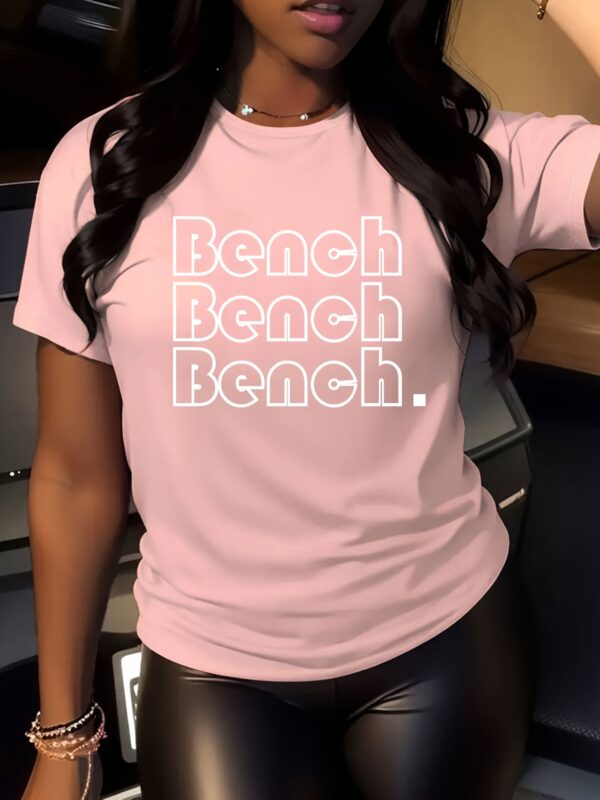 Women'S Casual "BENCH" Letter Print T-Shirt - Short Sleeve Crew Neck, Soft Polyester Fabric, Spring/Summer Fashion Top for Casual Attire, Ladies T Shirt
