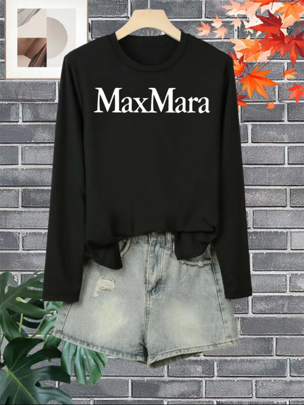 Women'S Casual Long Sleeve T-Shirt with "Max Mara" Print - Soft Polyester Crew Neck Top, Light Gray, Perfect for Fall & Winter, Everyday Clothing | Casual Style | Simple Design - Image 7