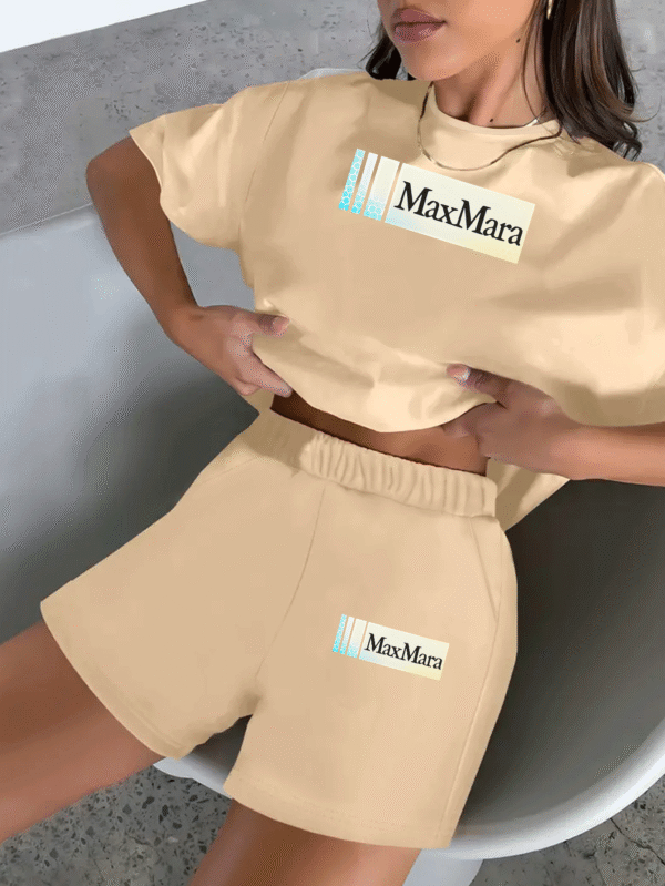 2pcs Fresh Pattern Letter MAX MARA Print Women's Summer Casual Polyester Spandex Sports Short Sleeve Black Apricot Shorts Set