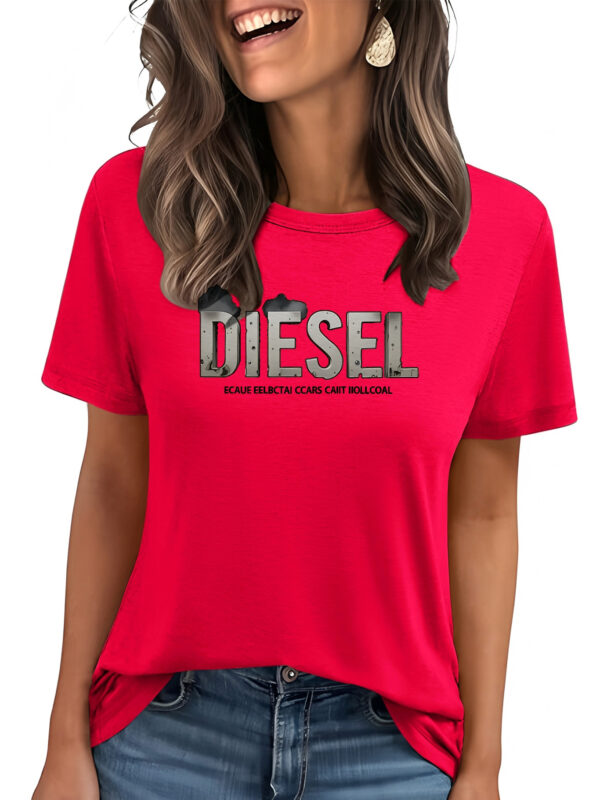 Women'S Elegant Crew Neck Polyester T-Shirt - Bright Yellow with Blue Diesel Graphic, Short Sleeve, Spring/Summer Casual Top for Diesel Enthusiasts, Casual Summer Top | Slogan Graphic Tee | Glossy Textur - Image 6