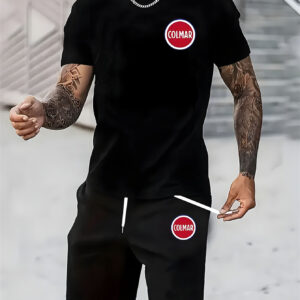 Men'S Summer Casual Sportswear Set with "COLMAR" Print Round Neck T-Shirt and Shorts Outfit, Lightweight Daily Wear for Men