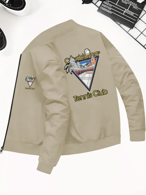 Casual Style | Elegant Tennis Court Print Bomber Jacket for Men - Slim Fit, Zip-Up, Stand Collar, Knit Polyester, Fall/Winter Fashion, Pockets Detail, Ideal for Casual Streetwear - Image 4