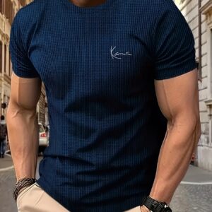 Men'S Casual Crew Neck T-Shirt with Intricate White Print Design - Short Sleeve, Lightweight, Summer Outdoor Wear, Casual Attire|Graphic Tee|Stretchy Fabric