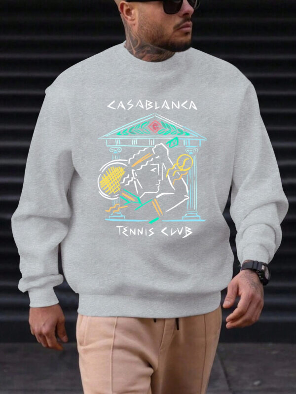 Men's Casual Round Neck Sweatshirt - Vibrant Red with Artistic Tennis & Music Graphic Print, Soft Machine-Washable Fabric, Regular Fit for Casual Attire, Streetwear Fashion, Statement Apparel, Durable Clothing, Unisex Apparel, Fashion Enthusiasts, Urban Style, Trendy Apparel, Highquality Clothing, Stylish Top, Young Adults - Image 7