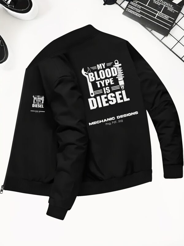 Men'S Slim Fit Zip-Up Jacket with "MY BLOOD TYPE IS DIESEL" Print - Casual Stand Collar, Polyester, Perfect for Spring & Fall, Sporty Design with Ribbed Cuffs & Hem, Machine Washable, Trendy Outerwear | Geometric Print Jacket | Glossy Finish Jacket - Image 4