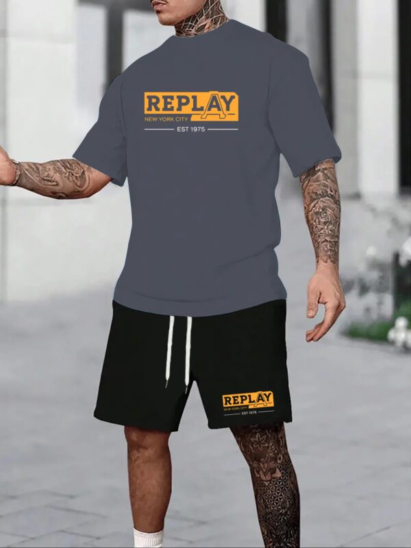 REPLAY New York City Fashion Set - Men'S Black Shorts & White T-Shirt Combo, Casual Sporty Style with Drawstring Waist, Crew Neck, Stretch Fabric, Summer Activewear|Urban Fashion|Polyester Fabri - Image 2