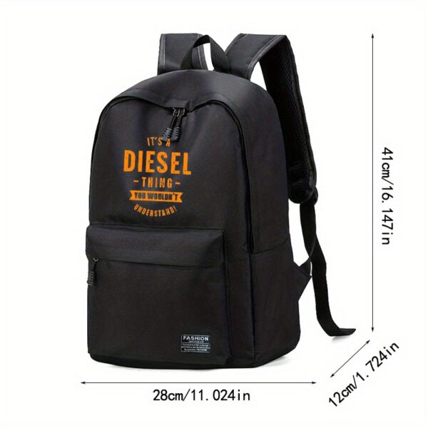 1pc Diesel-Themed Polyester Backpack - Black Laptop Bag with "DIESEL" Print, Adjustable Shoulder Straps & Zipper Closure, Perfect for School, Office, Travel - Ideal Holiday Gift, Backpack for Travel, Office Bag, Playful Design, Durable Zipper Closure - Image 4