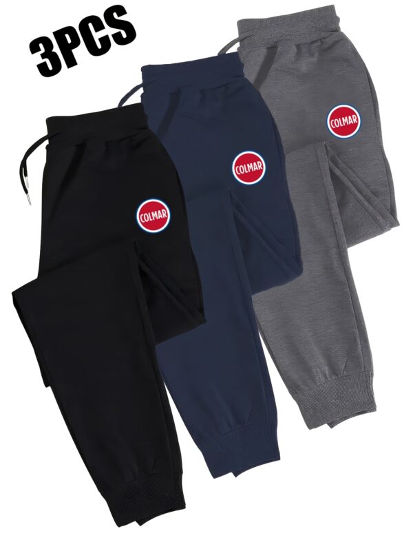 3-Pack Men's Casual Jogger Pants with Elastic Waist & Drawstring, 100% Polyester Knit, Print Design, Side Pockets & Slight Stretch - Gym, Training & Everyday Comfort (Black/Navy/Gray), Jogging Pants, Gym Apparel, Sporty Look, Stretchable Fabric