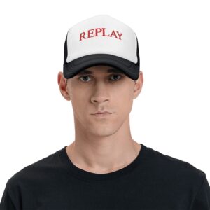 REPLAY Mesh Baseball Cap for Men & Women - Adjustable Lightweight Breathable Sport Hat with PVC Coating, White & Black Design for Camping, Outdoor Activities, Halloween, Thanksgiving, Father’s Day Gifts, Baseball Hat, Casual Headwear, Casual Style, Durable Headgear