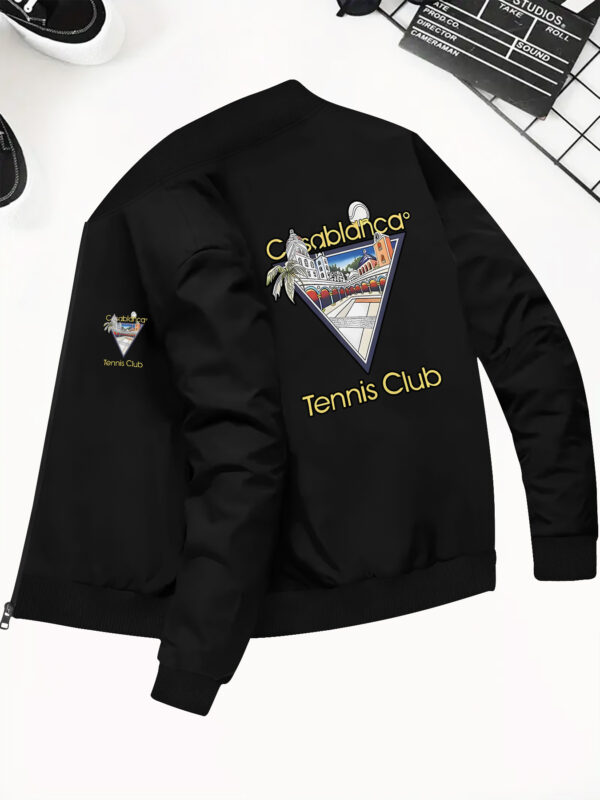 Casual Style | Elegant Tennis Court Print Bomber Jacket for Men - Slim Fit, Zip-Up, Stand Collar, Knit Polyester, Fall/Winter Fashion, Pockets Detail, Ideal for Casual Streetwear - Image 3