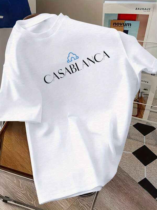 Men's Casablanca Logo Graphic T-Shirt - Short Sleeve, Royal Blue, Moroccan-Inspired Print, Lightweight Polyester, Summer Casual Wear - Image 5