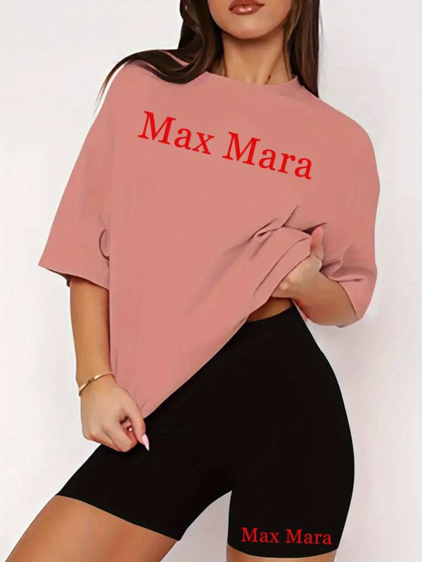 Max Mara letter printed casual shorts set, paired with round neck short sleeved T-shirt and tight shorts, Women's fashionable clothing - Image 3