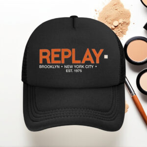 Replay Brooklyn 1975 Baseball Cap - Adjustable, Breathable Mesh Back, Black with Orange Logo, Perfect for Outdoor Activities & Gifts