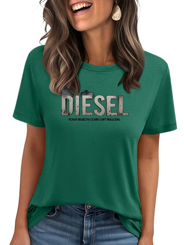 Women'S Elegant Crew Neck Polyester T-Shirt - Bright Yellow with Blue Diesel Graphic, Short Sleeve, Spring/Summer Casual Top for Diesel Enthusiasts, Casual Summer Top | Slogan Graphic Tee | Glossy Textur - Image 5