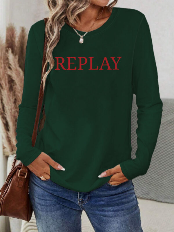 Women's Vibrant Red REPLAY Graphic Long Sleeve T-Shirt - Casual Round Neck Geometric Print Top, Machine Washable Spring/Summer Vacation Wear - Image 6