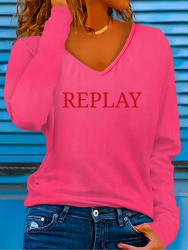 REPLAY Printed Pattern Stylish Casual Versatile V-Neck Long Sleeve T-Shirt for Women, New Slim Fit Top for Spring And Autumn. - Image 2