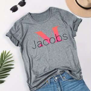 Women's Casual Short Sleeve T-Shirt - M JACOBS Graphic Print, Breathable Quick-Dry Fabric, Relaxed Fit Round Neck, Machine Washable, Spring Summer Vacation Style, Cute T Shirts, Everyday Comfort, Relaxed Fit Top, Medium Stretch Shirt