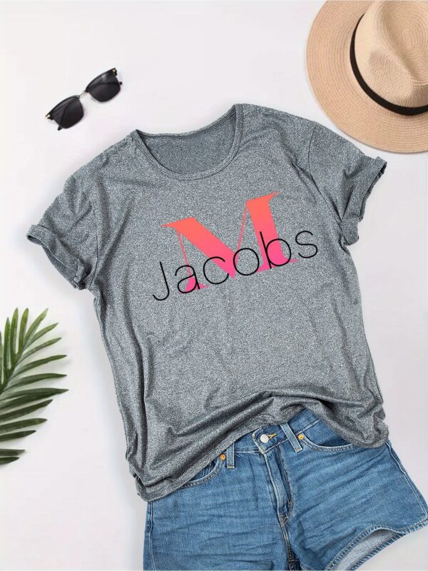 Women's Casual Short Sleeve T-Shirt - M JACOBS Graphic Print, Breathable Quick-Dry Fabric, Relaxed Fit Round Neck, Machine Washable, Spring Summer Vacation Style, Cute T Shirts, Everyday Comfort, Relaxed Fit Top, Medium Stretch Shirt