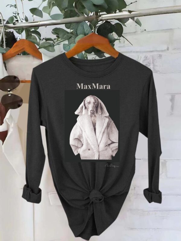 Women'S Max Mara Vintage Print Long Sleeve Crew Neck Top - Casual Comfort Fit, Classic Design with Dog in Coat Illustration, Soft Polyester Fabric, Perfect for Casual Attire
