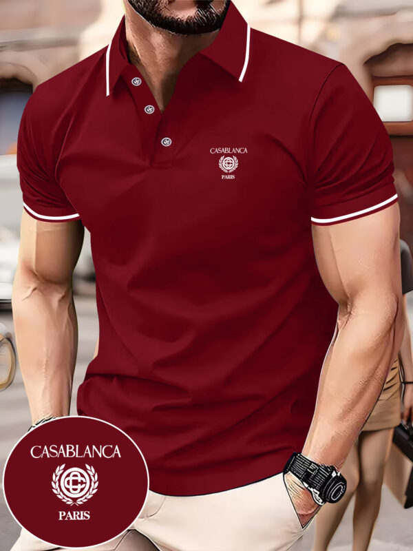 Men'S Casual Summer Polo Shirt with "CASABLANCA PARIS" Graphic Print - Green, Short Sleeve, Button-Up, Casual Sportswear for Outdoor Activities, Casual Sportswear | Casual Style | Casual Fit - Image 7