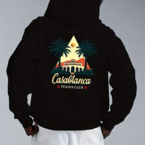 Casablanca Tennis Club Men's Graphic Print Hoodie - Black Relaxed Fit Sleeve Pullover with Palm Trees & Sunset Design, Machine Washable Autumn Winter Casual Outdoor Wear, Leisure Apparel | Nonstretch Fabric