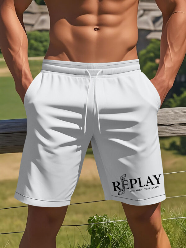 Men'S Summer Casual Shorts with 3D Print "REPLAY" Design - White, Adjustable Drawstring Waist, Non-Stretch Fabric, Perfect for Beach & Weekend Wear, Leisure Shorts | Playful Print Shorts | Comfortable Fit Shorts - Image 3
