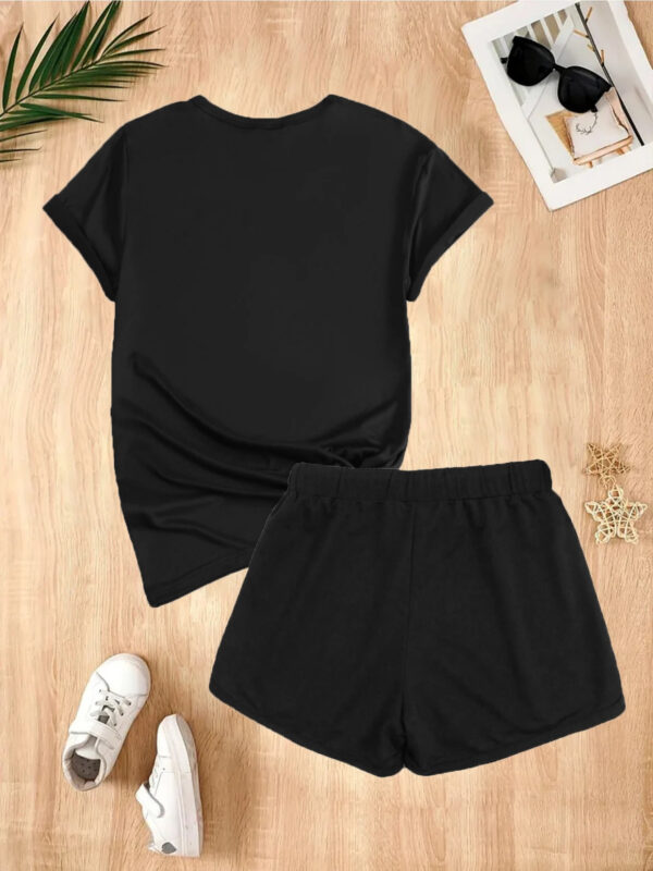 2pcs Fresh Pattern Letter MAX MARA Print Women's Summer Casual Polyester Spandex Sports Short Sleeve Black Apricot Shorts Set - Image 4