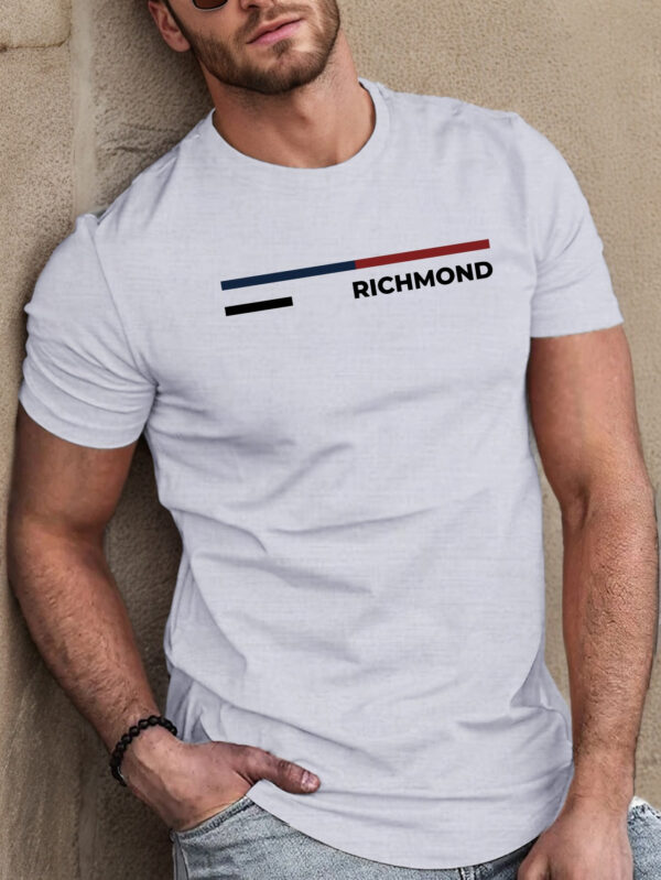 Men'S Casual Crew Neck T-Shirt with Geometric Richmond Print, 100% Polyester Knit Fabric, Slight Stretch, Regular Fit, Summer Short Sleeve Tee - 150gsm - Image 5