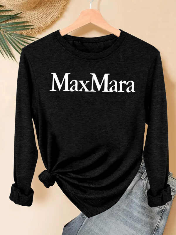 Women'S Casual Long Sleeve T-Shirt with "Max Mara" Print - Soft Polyester Crew Neck Top, Light Gray, Perfect for Fall & Winter, Everyday Clothing | Casual Style | Simple Design - Image 5