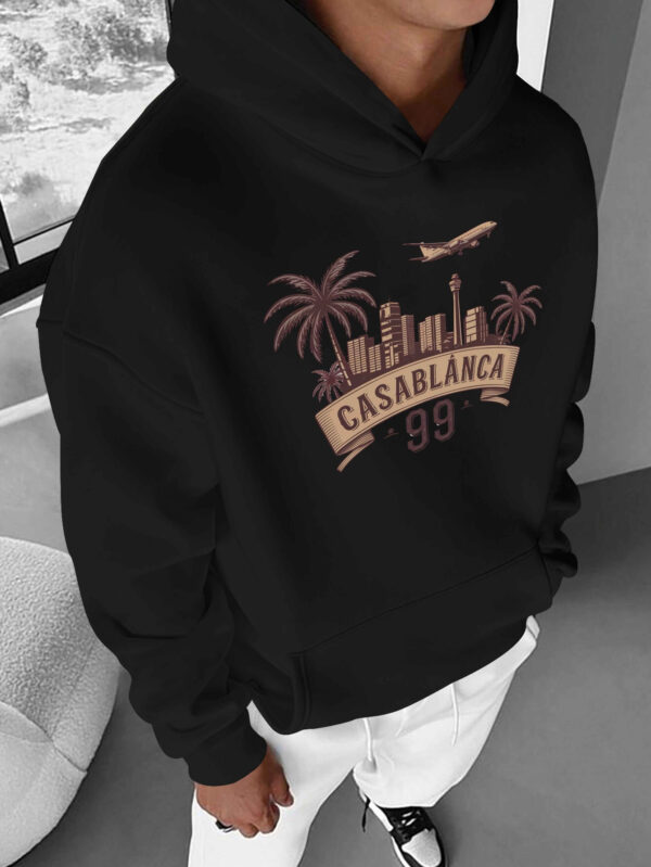 Men'S Casual Polyester Hoodie with Casablanca City Skyline Print, Long Sleeve, Non-Stretch Knit Fabric, Loose Fit with Pocket Detail, Perfect for Weekend Casual Wear in Fall/Winter - Image 2