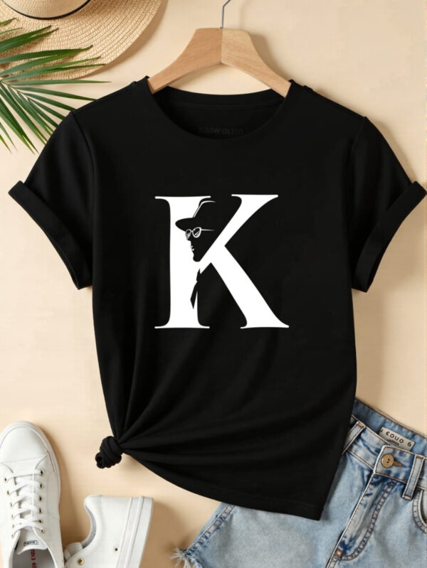 Women's Casual Short Sleeve T-Shirt with Bold Letter K Graphic Print - Soft Breathable Polyester Blend, Quick-Dry, Machine Washable, White with Black Design for Outdoor & Casual Attire, Casual Summer Wear | Casual Style | Nontransparent Textile, Ladies T Shirts - Image 5
