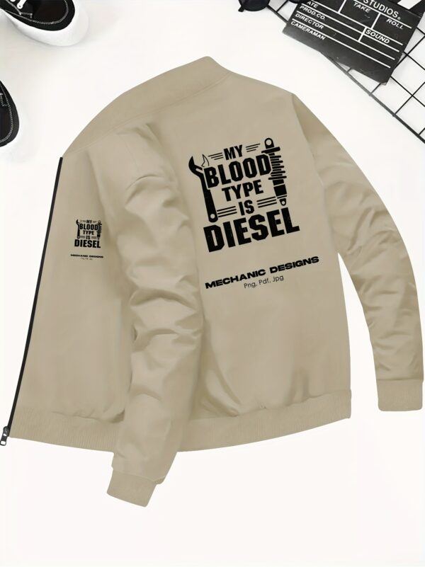 Men'S Slim Fit Zip-Up Jacket with "MY BLOOD TYPE IS DIESEL" Print - Casual Stand Collar, Polyester, Perfect for Spring & Fall, Sporty Design with Ribbed Cuffs & Hem, Machine Washable, Trendy Outerwear | Geometric Print Jacket | Glossy Finish Jacket - Image 2