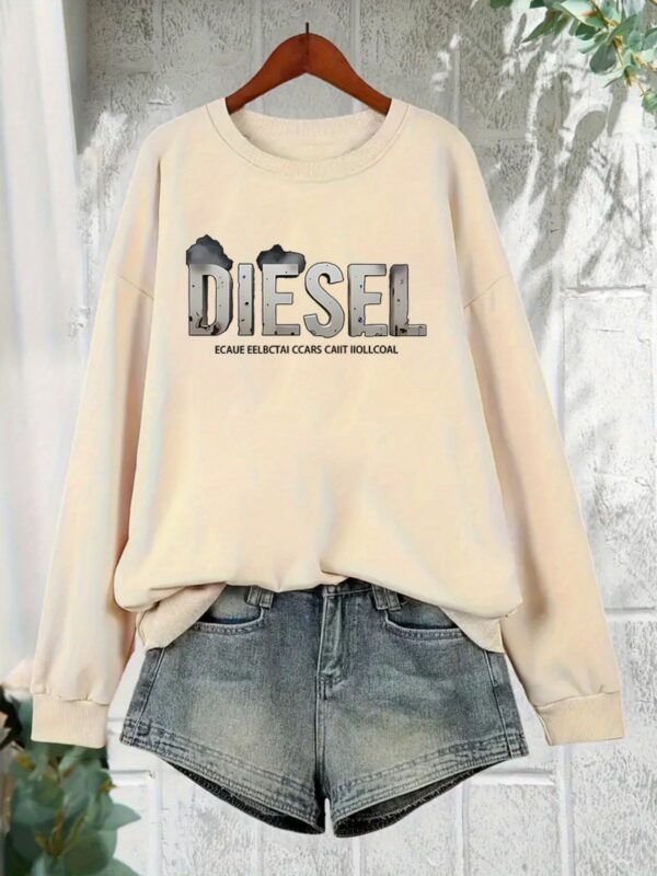 Women'S Comfortable Fleece-Lined "Diesel" Graphic Sweatshirt - Casual Long Sleeve Crewneck Pullover, Black with White Print, Perfect for Fall & Winter - Image 3