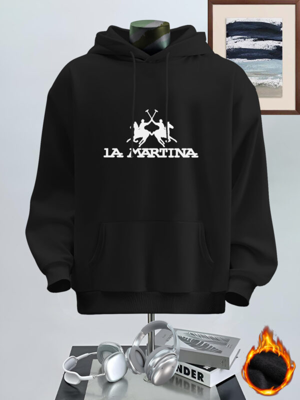 Men's Casual Streetwear Hoodie with LA MARRINA Graphic Print, Kangaroo Pocket & 100% Polyester - Beige Autumn/Winter Pullover, Machine Washable Regular Fit - Image 6