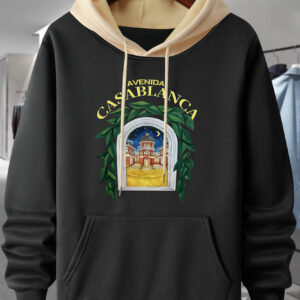 Men's Black & Yellow Color-Block Hooded Sweatshirt with Casablanca Graphic Print, 250g Heavyweight Pullover, Long Sleeve Casual Streetwear for Autumn/Winter, Sweater Hoodie, Winter Wear, Trendy Pullover, Quality Stitching, Pullover Hoodie, Men's Fashion