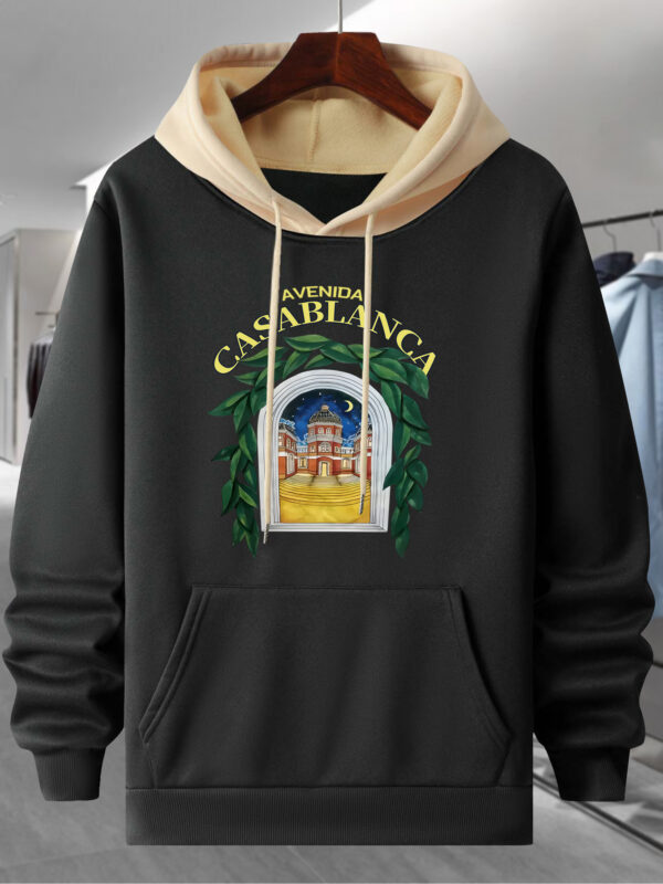 Men's Black & Yellow Color-Block Hooded Sweatshirt with Casablanca Graphic Print, 250g Heavyweight Pullover, Long Sleeve Casual Streetwear for Autumn/Winter, Sweater Hoodie, Winter Wear, Trendy Pullover, Quality Stitching, Pullover Hoodie, Men's Fashion