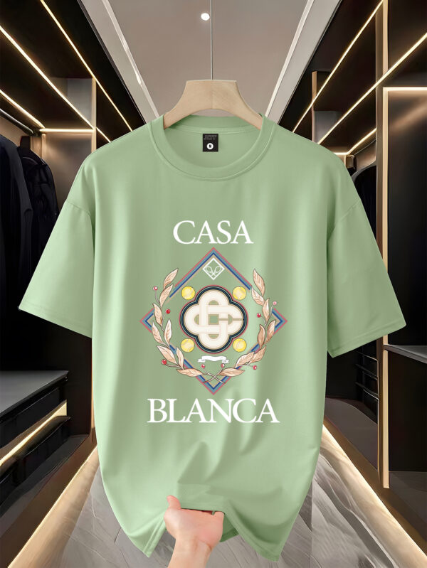 Men'S Trendy "Casa Blanca" Graphic T-Shirt - 100% Polyester Knit, Casual Crew Neck, Loose Fit, Summer Tee with Embossed Logo and Laurel Wreath Design, Casual Attire | Logo Print Tee | Polyester Fabri - Image 9
