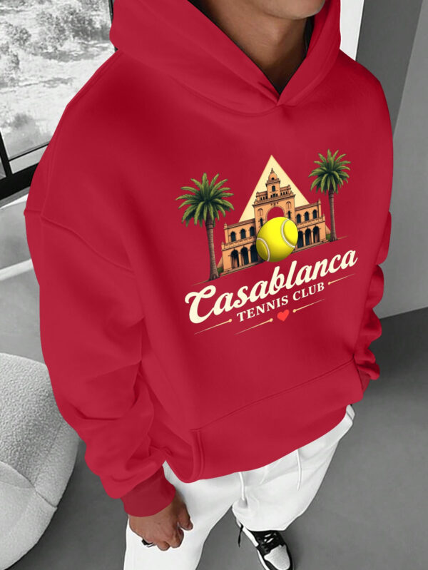 Men'S Casual Hoodie with Tennis Ball & Palm Tree Design - "Casablanca Tennis Club" Print, Loose Fit, Long Sleeve, Pockets, Fall/Winter Wear, Weekend Casual Attire, Tennis Club Apparel | Graphic Hoodie | Comfortable Fit Hoodie - Image 3