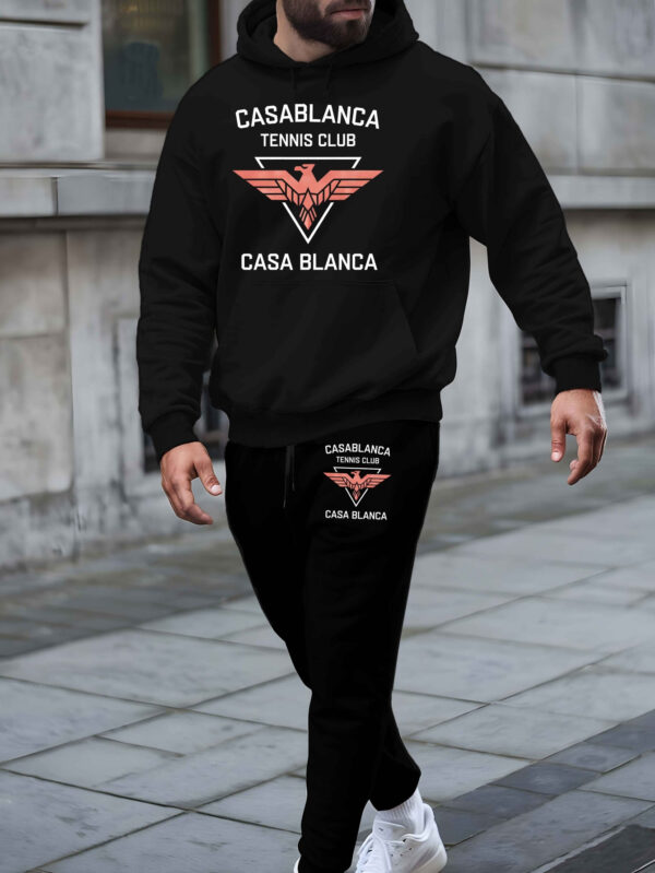 CASA BLANCA Men'S Casual Hooded Sweatshirt Set, Polyester 100%, Long Sleeve, Regular Fit, Slight Stretch, Knit Fabric, Fall/Winter Collection, Trendy Printed Sports Top with Drawstring Suit