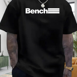 Men'S Casual Summer T-Shirt - "BENCH" Print, Black with White Stripes, Round Neck, Short Sleeve, Lightweight Polyester Blend, Perfect for Outdoor Activities, Outdoor Casual Wear | Round Neck Shirt | Lightweight Fabric