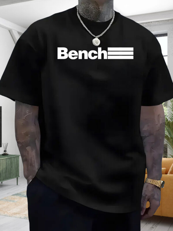 Men'S Casual Summer T-Shirt - "BENCH" Print, Black with White Stripes, Round Neck, Short Sleeve, Lightweight Polyester Blend, Perfect for Outdoor Activities, Outdoor Casual Wear | Round Neck Shirt | Lightweight Fabric