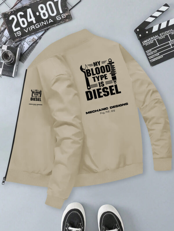 Men'S Slim Fit Zip-Up Jacket with "MY BLOOD TYPE IS DIESEL" Print - Casual Stand Collar, Polyester, Perfect for Spring & Fall, Sporty Design with Ribbed Cuffs & Hem, Machine Washable, Trendy Outerwear | Geometric Print Jacket | Glossy Finish Jacket - Image 3