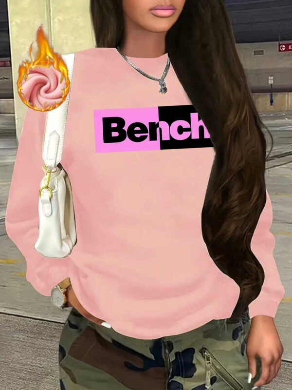 Women's Casual Thick Fleece-Lined Crewneck Sweatshirt - Bold "BENCH" Letter Print with Pink & Black Contrast, Red Base, All-Season Comfort, Machine Washable, Ladies Sweatshirts, Everyday Comfort, Trendy Sweatshirt, Ribbed Cuffs, Cozy Clothing, Stylish Casualwear, Soft Fleece Lining, Pullover Top, Fashion Lovers - Image 3