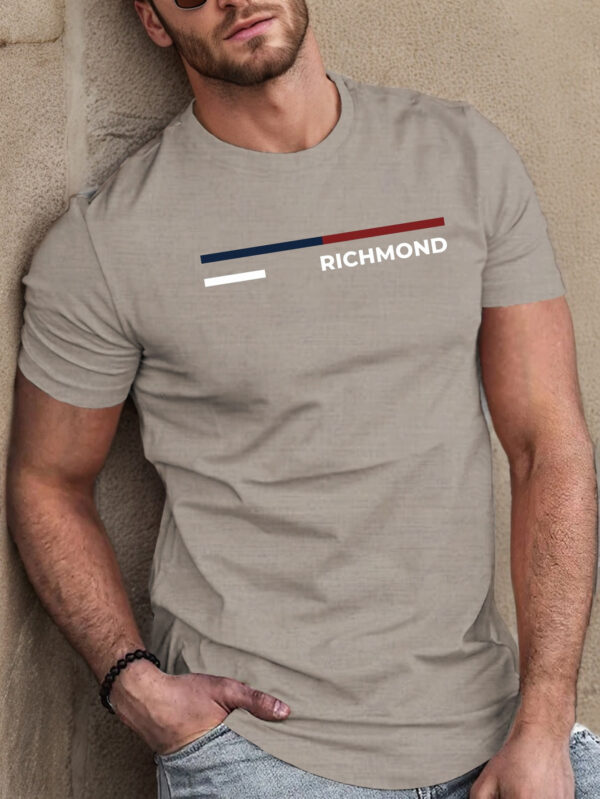 Men'S Casual Crew Neck T-Shirt with Geometric Richmond Print, 100% Polyester Knit Fabric, Slight Stretch, Regular Fit, Summer Short Sleeve Tee - 150gsm - Image 3