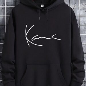 Men's Casual Hoodie with Inspirational 'Kane' Cursive Print - Stretch Polyester, Kangaroo Pocket & Adjustable Drawstring Hood - All-Season Comfort Fit Black Pullover Sweatshirt, Functional Front Pocket, Machine Washable Top